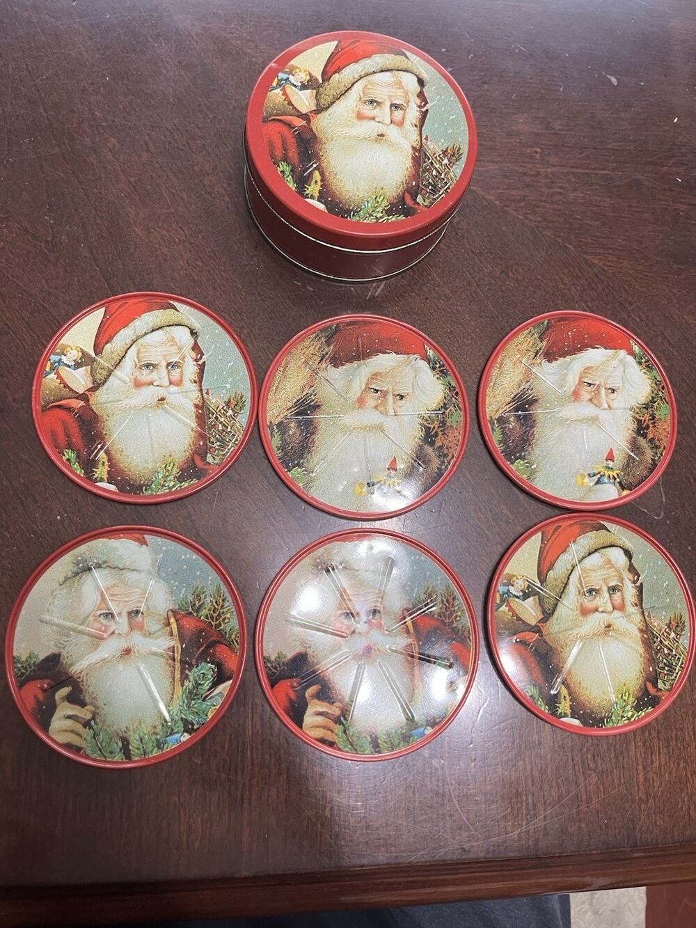 VTG 1986 Mrs. Grossman's 6 Pc Christmas Decor Santa Tin Coaster Set By Enesco